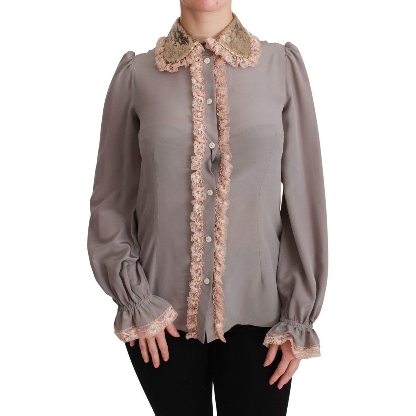Dolce & Gabbana Gray Silk Gold Sequin Lace Blouse Shirt Dolce & Gabbana