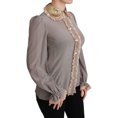 Dolce & Gabbana Gray Silk Gold Sequin Lace Blouse Shirt Dolce & Gabbana