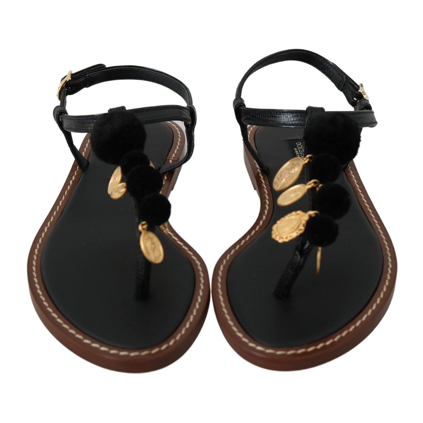 Dolce & Gabbana Black Leather Coins Flip Flops Sandals Shoes Dolce & Gabbana