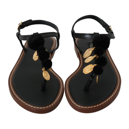Dolce & Gabbana Black Leather Coins Flip Flops Sandals Shoes Dolce & Gabbana