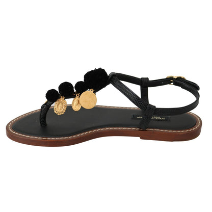 Dolce & Gabbana Black Leather Coins Flip Flops Sandals Shoes Dolce & Gabbana