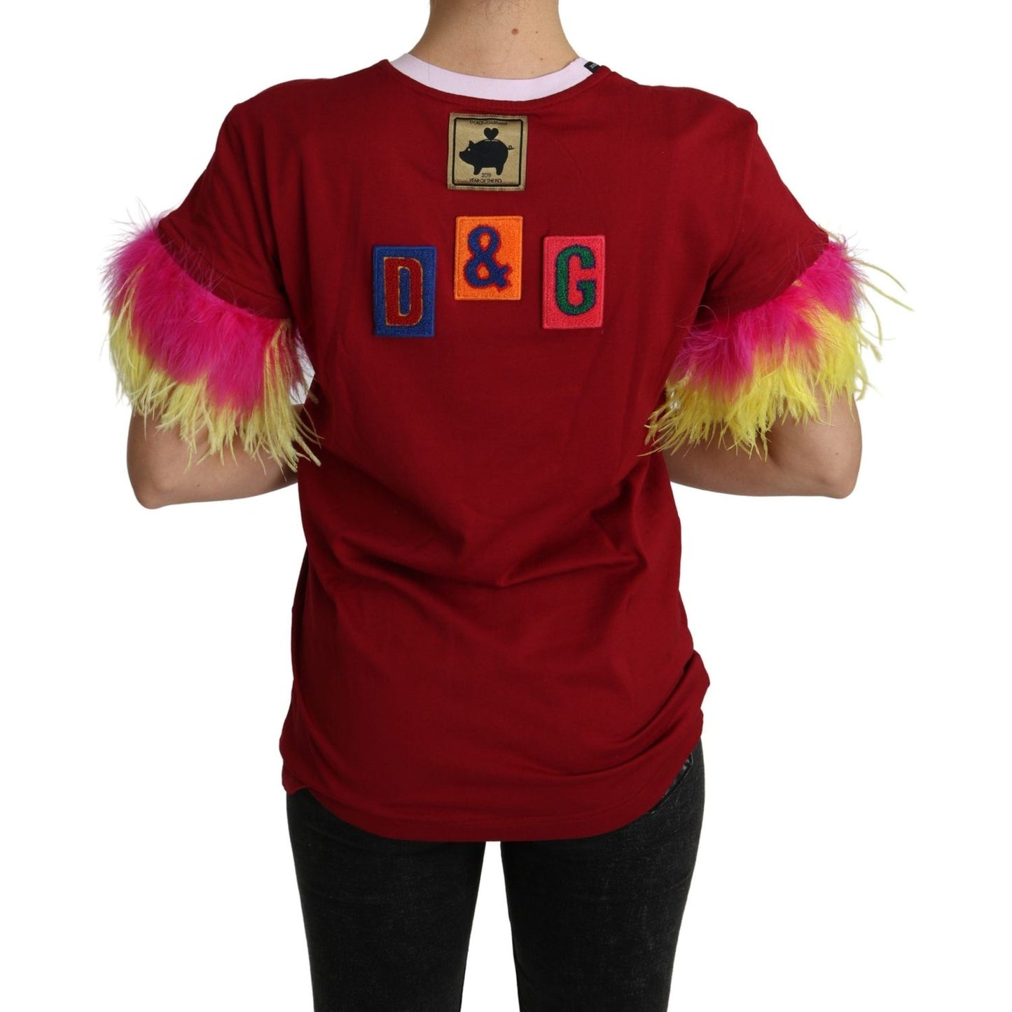 Dolce & Gabbana Red Pig Print Feather Sleeves T-shirt Top Dolce & Gabbana
