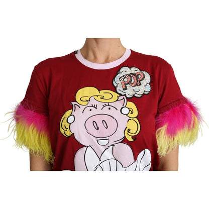 Dolce & Gabbana Red Pig Print Feather Sleeves T-shirt Top Dolce & Gabbana