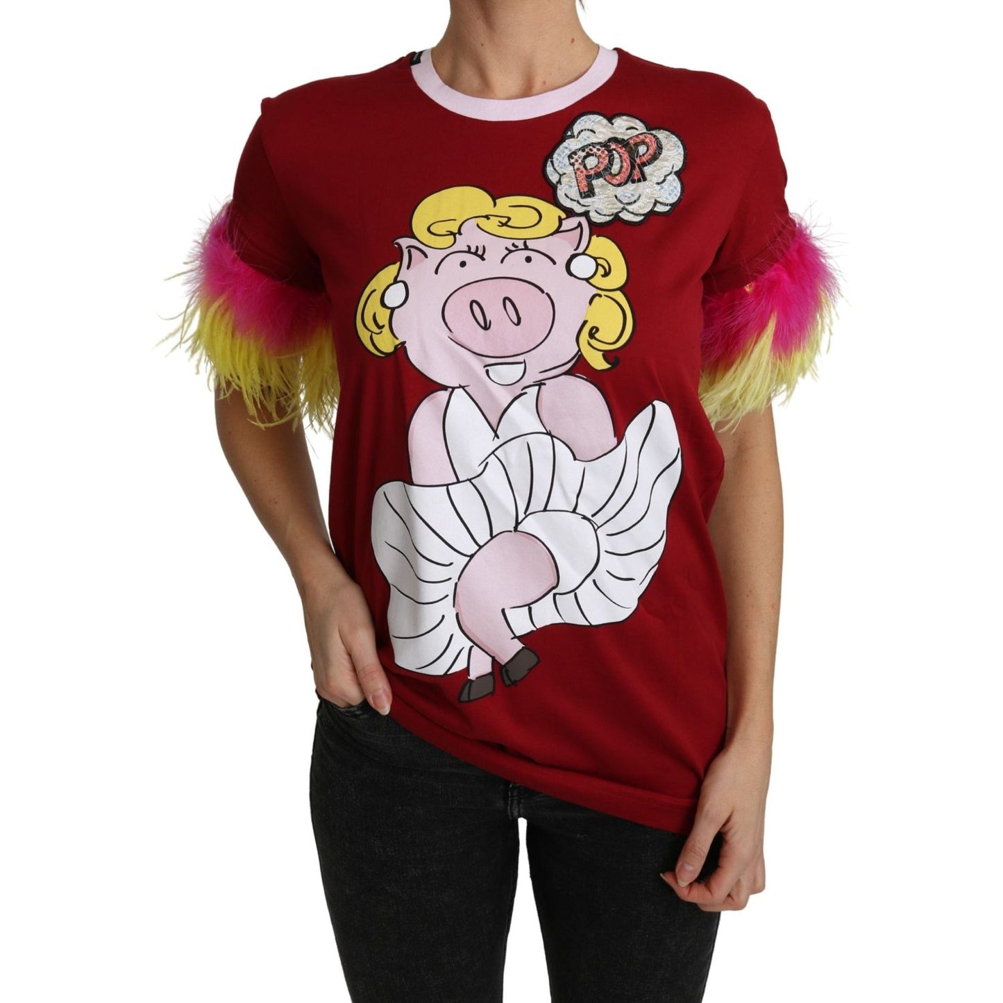 Dolce & Gabbana Red Pig Print Feather Sleeves T-shirt Top Dolce & Gabbana