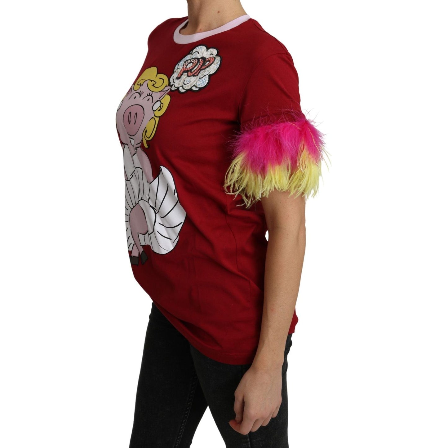 Dolce & Gabbana Red Pig Print Feather Sleeves T-shirt Top Dolce & Gabbana
