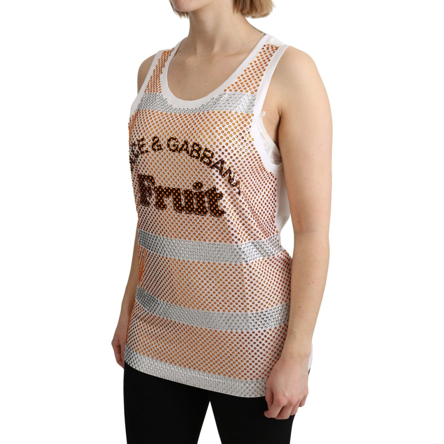 Dolce & Gabbana White Orange Crystal Sleeveless Tank Cotton Top Dolce & Gabbana