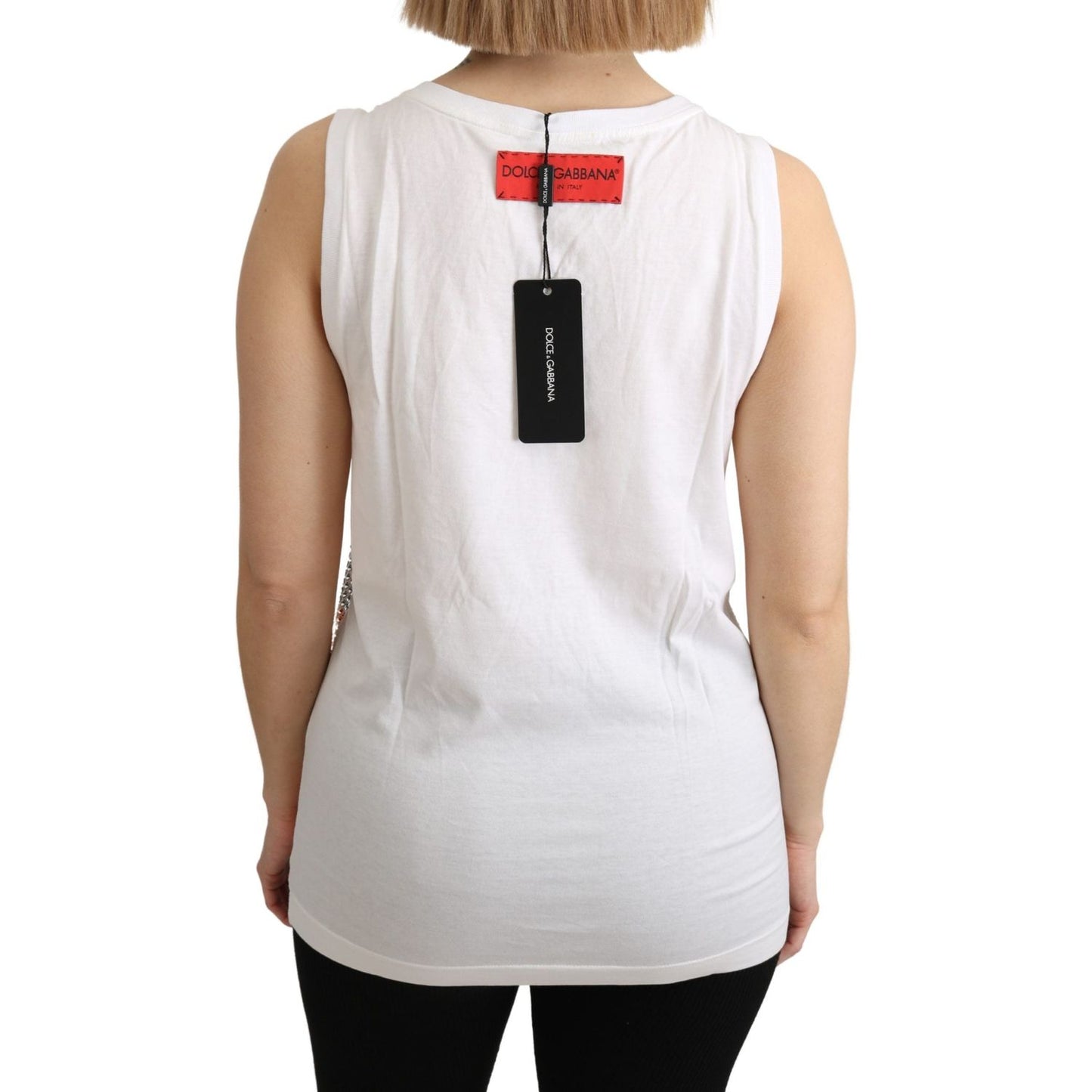 Dolce & Gabbana White Orange Crystal Sleeveless Tank Cotton Top Dolce & Gabbana