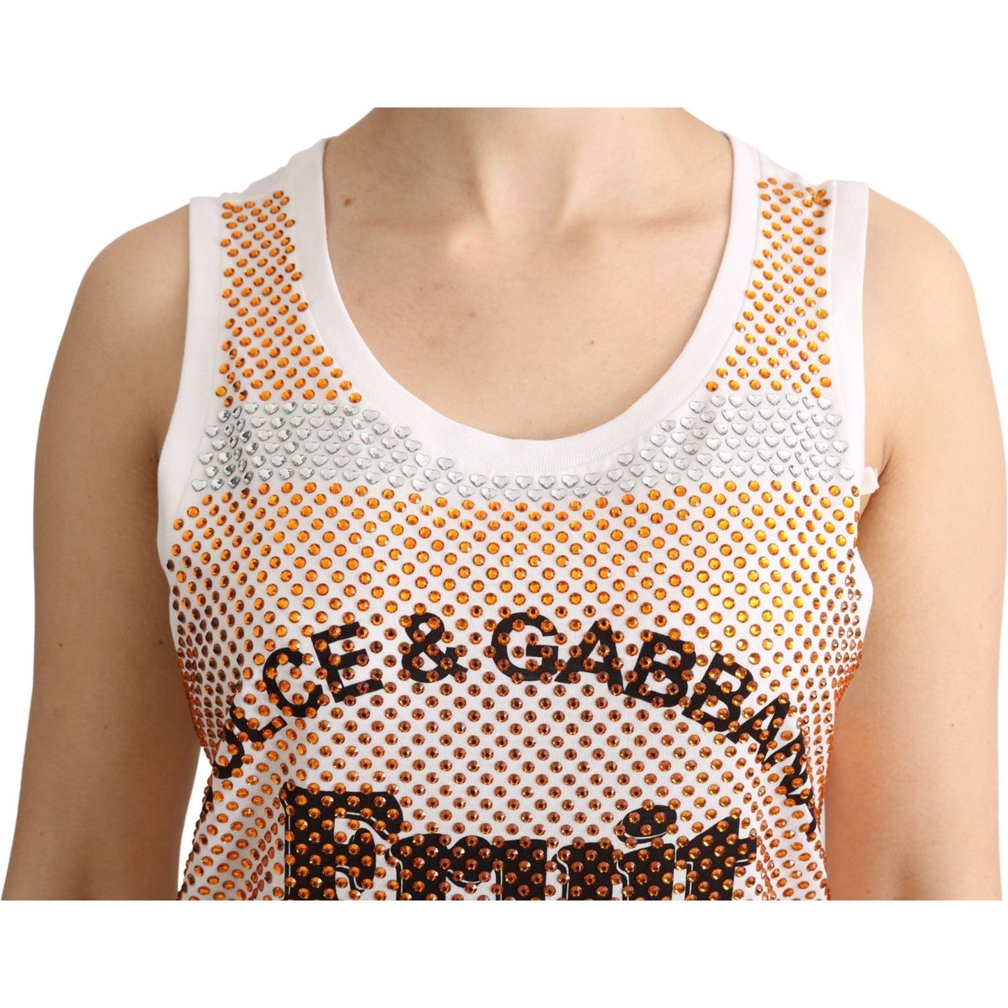 Dolce & Gabbana White Orange Crystal Sleeveless Tank Cotton Top Dolce & Gabbana