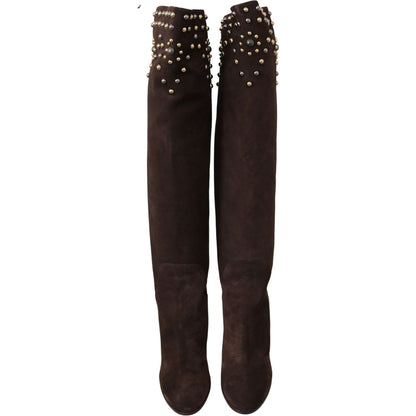 Dolce & Gabbana Brown Suede Studded Knee High Shoes Boots Dolce & Gabbana