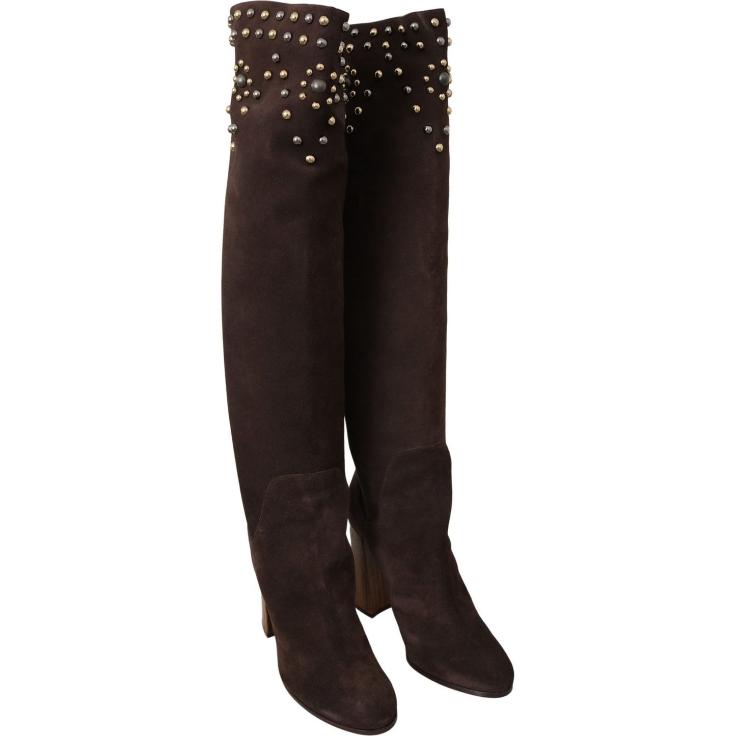 Dolce & Gabbana Brown Suede Studded Knee High Shoes Boots Dolce & Gabbana