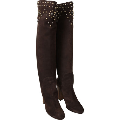 Dolce & Gabbana Brown Suede Studded Knee High Shoes Boots Dolce & Gabbana