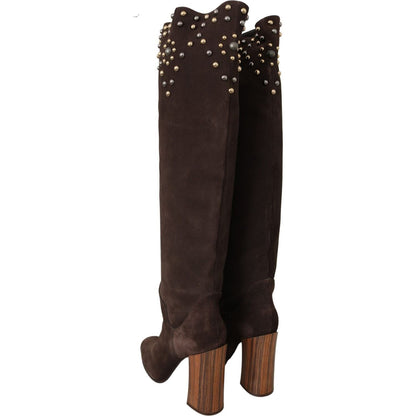 Dolce & Gabbana Brown Suede Studded Knee High Shoes Boots Dolce & Gabbana