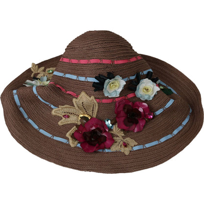Dolce & Gabbana Brown Floral Wide Brim Straw Floppy Cap Hat Dolce & Gabbana
