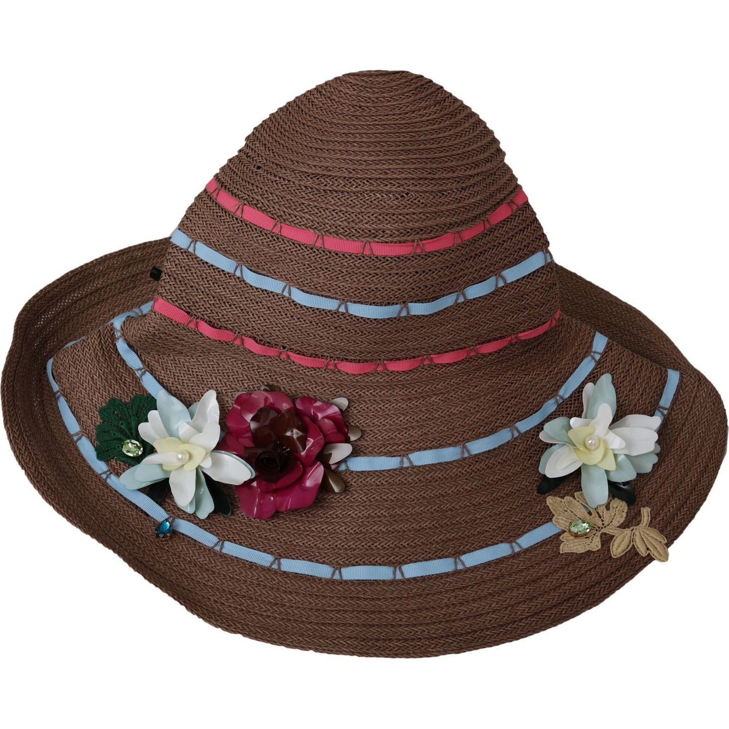 Dolce & Gabbana Brown Floral Wide Brim Straw Floppy Cap Hat Dolce & Gabbana