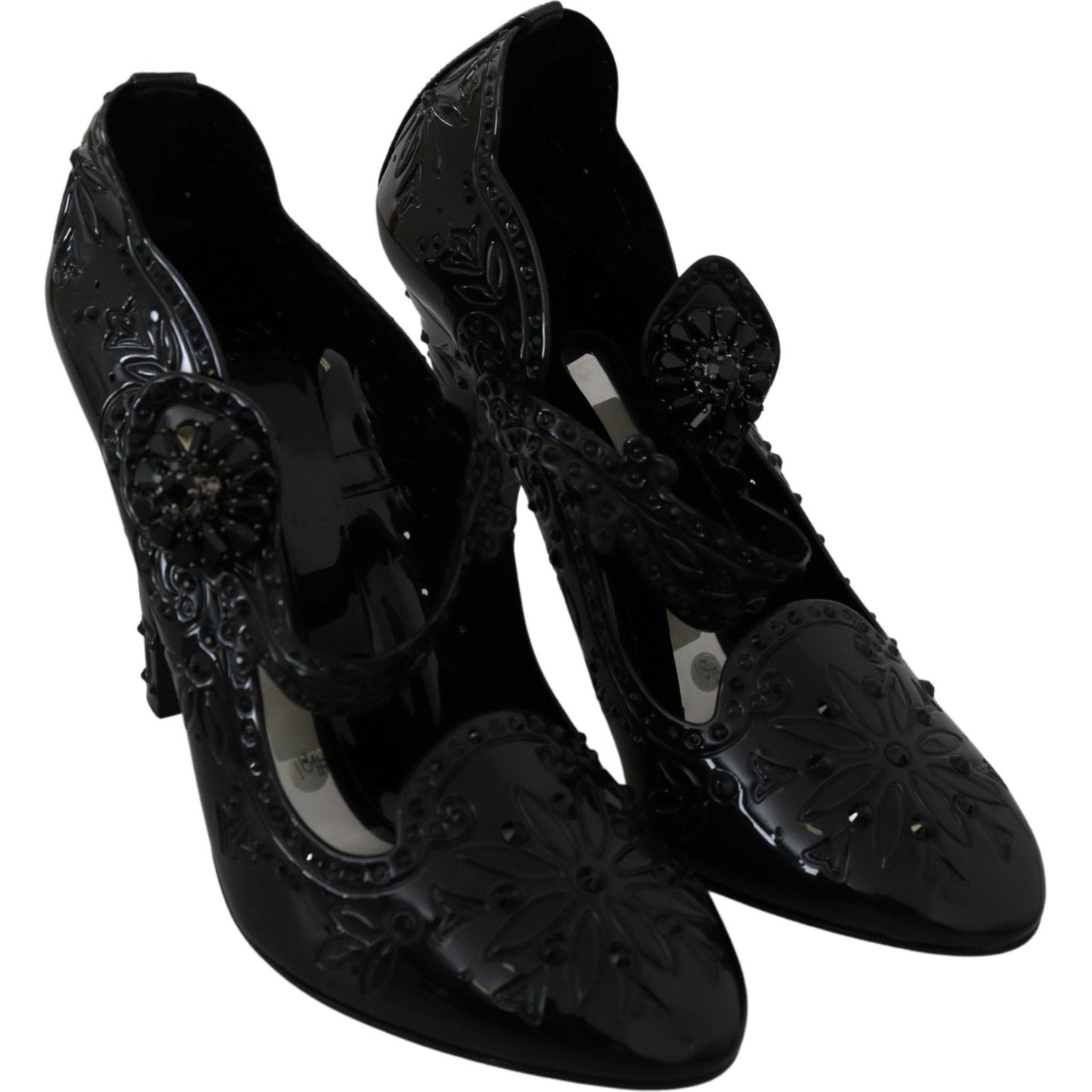 Dolce & Gabbana Black Floral Crystal CINDERELLA Heels Shoes