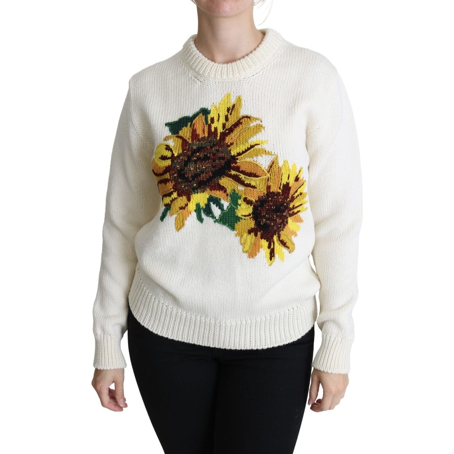 Dolce & Gabbana White Floral Wool Pullover Sunflower Sweater Dolce & Gabbana