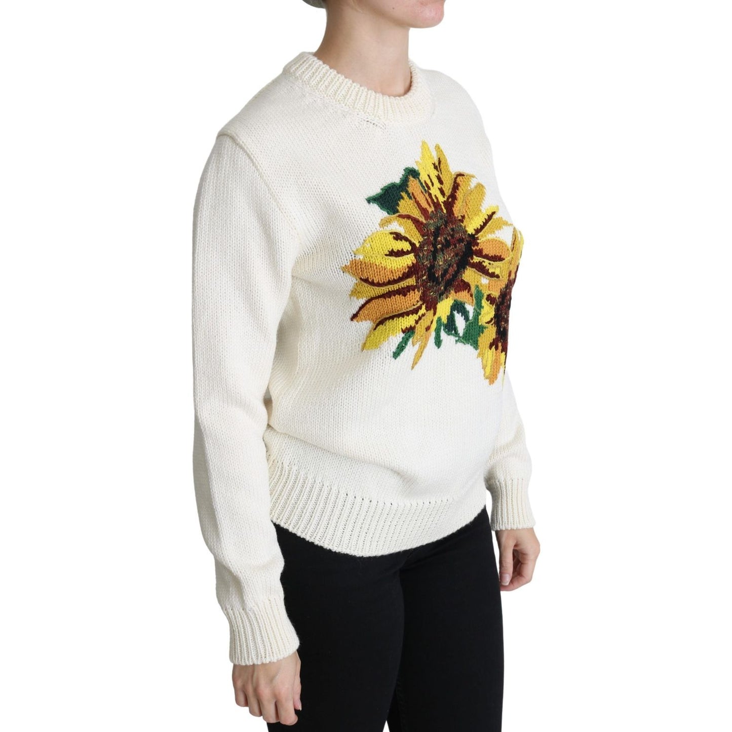 Dolce & Gabbana White Floral Wool Pullover Sunflower Sweater Dolce & Gabbana