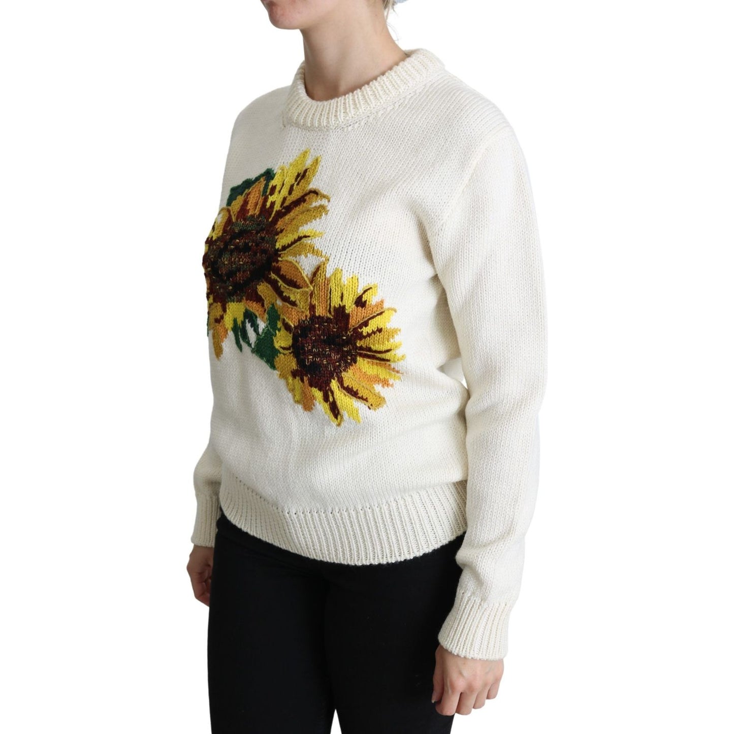 Dolce & Gabbana White Floral Wool Pullover Sunflower Sweater Dolce & Gabbana
