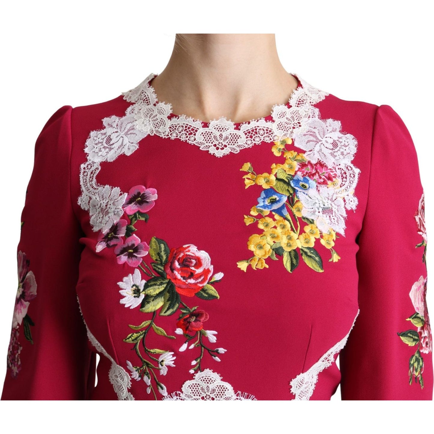 Dolce & Gabbana Red Floral Embroidered Sheath Midi Dress Dolce & Gabbana