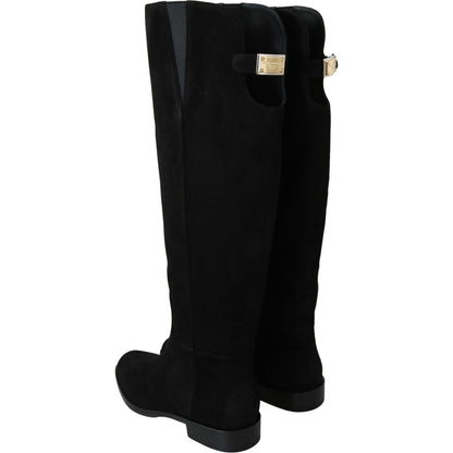 Dolce & Gabbana Black Suede Knee High Flat Boots Shoes Dolce & Gabbana
