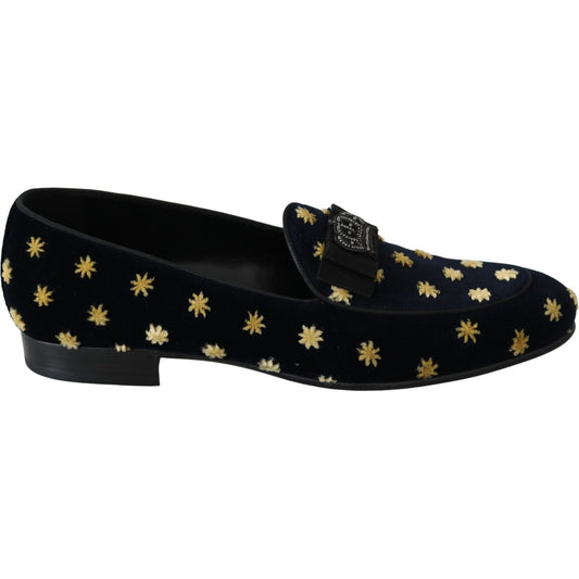 Dolce & Gabbana Blue Velvet Crown Slippers Loafers Shoes Dolce & Gabbana