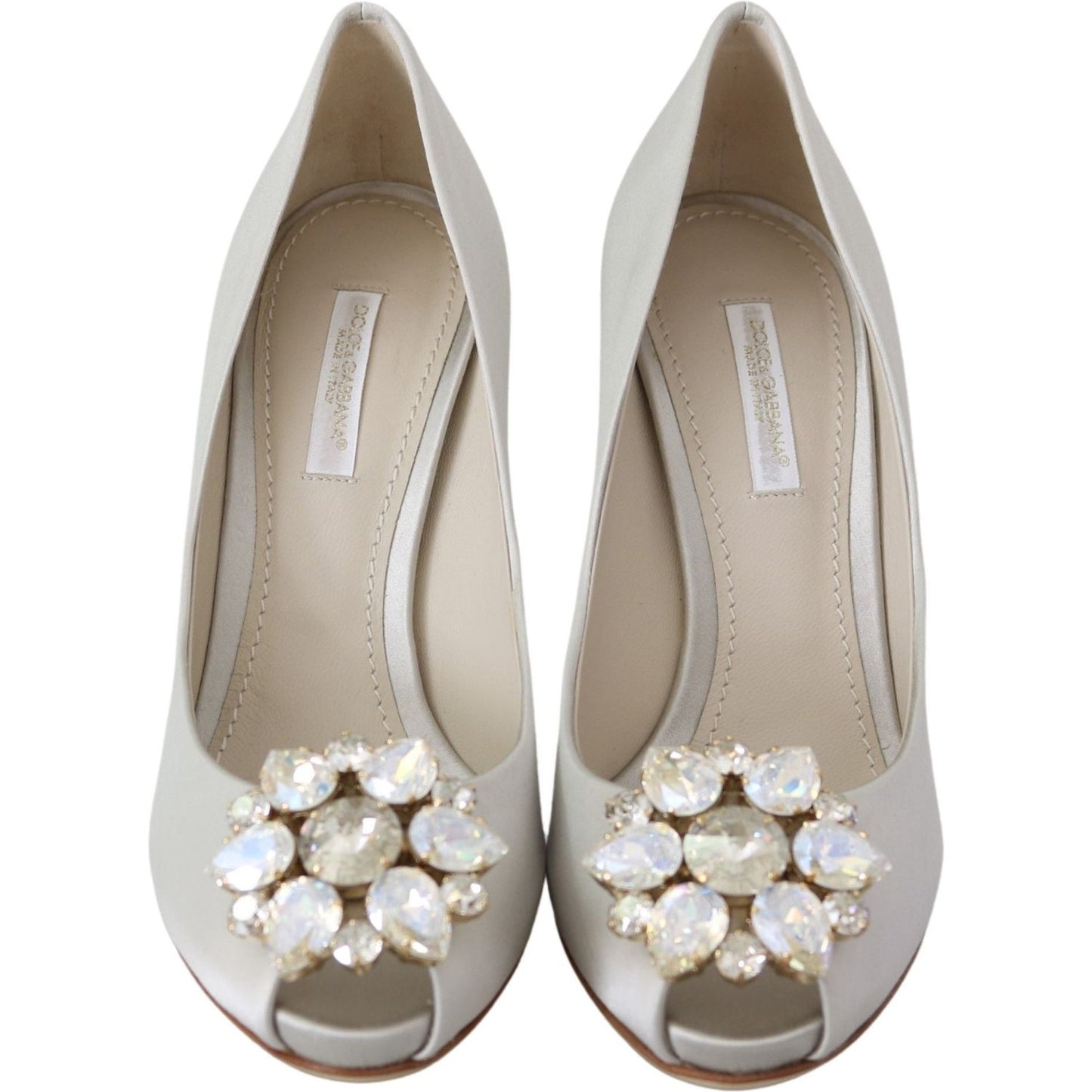 Dolce & Gabbana White Crystals Peep Toe Heels Satin Pumps Shoes Dolce & Gabbana