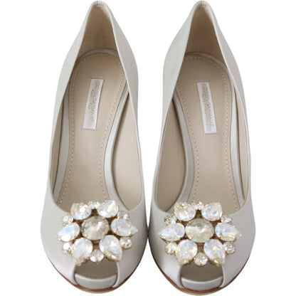 Dolce & Gabbana White Crystals Peep Toe Heels Satin Pumps Shoes Dolce & Gabbana