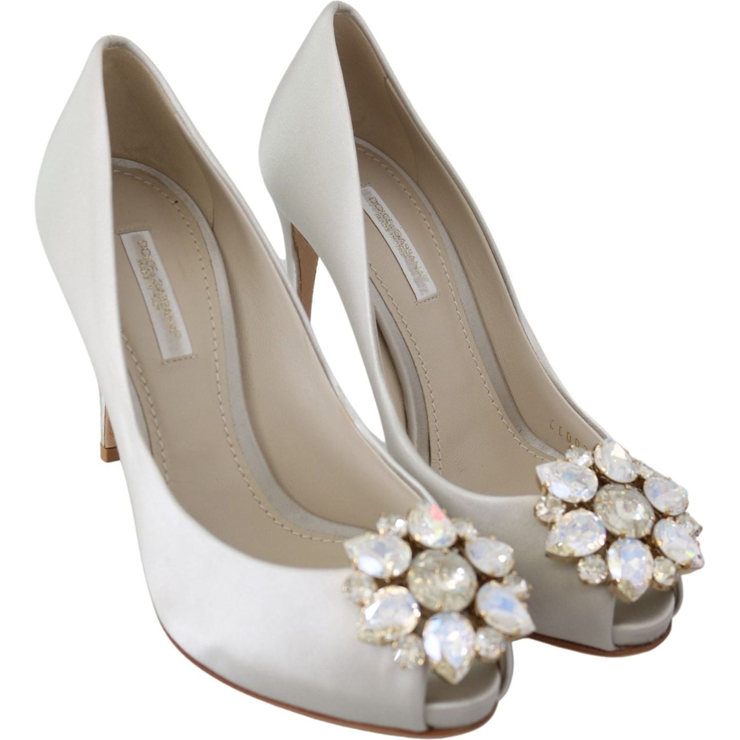 Dolce & Gabbana White Crystals Peep Toe Heels Satin Pumps Shoes Dolce & Gabbana