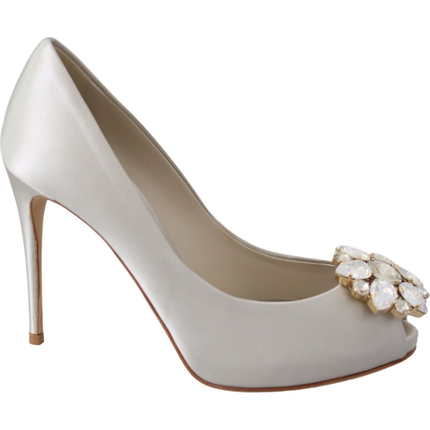 Dolce & Gabbana White Crystals Peep Toe Heels Satin Pumps Shoes Dolce & Gabbana