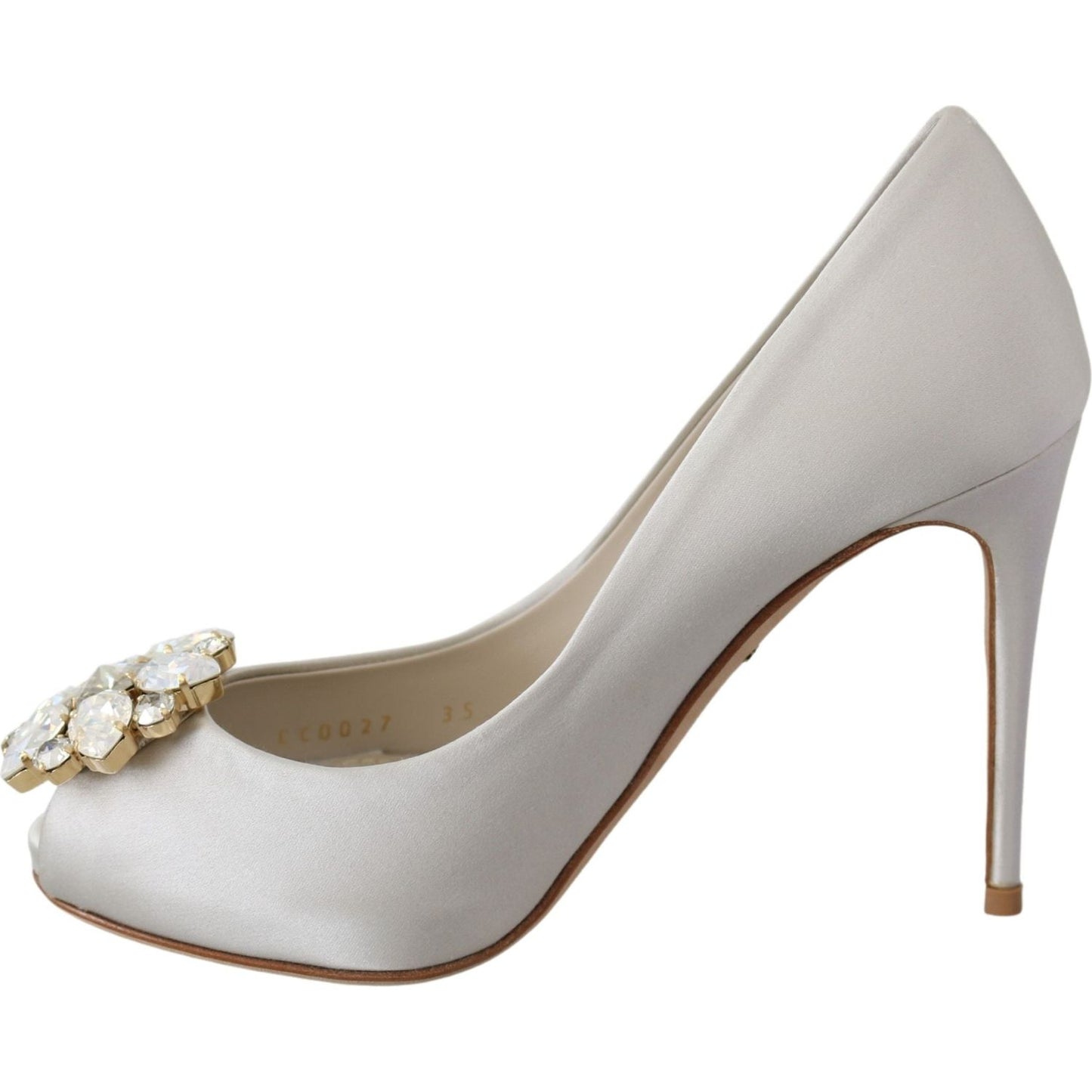 Dolce & Gabbana White Crystals Peep Toe Heels Satin Pumps Shoes Dolce & Gabbana