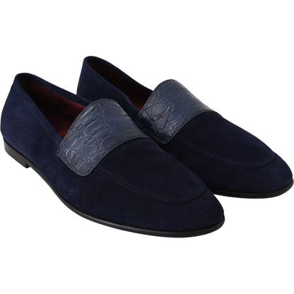 Dolce & Gabbana Blue Suede Caiman Loafers Slippers Shoes Dolce & Gabbana