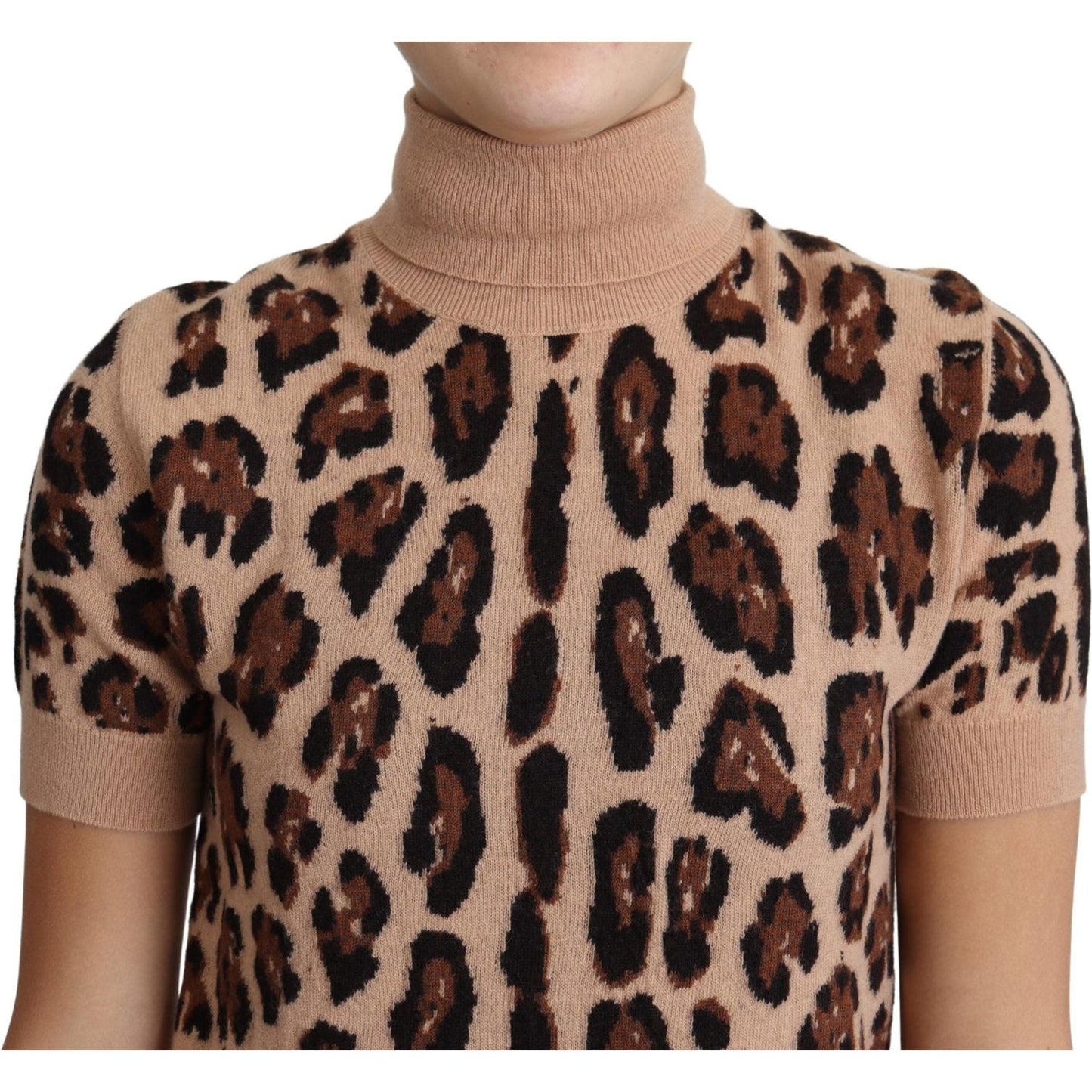 Dolce & Gabbana Beige Leopard Print Virgin Wool Turtleneck Top Dolce & Gabbana