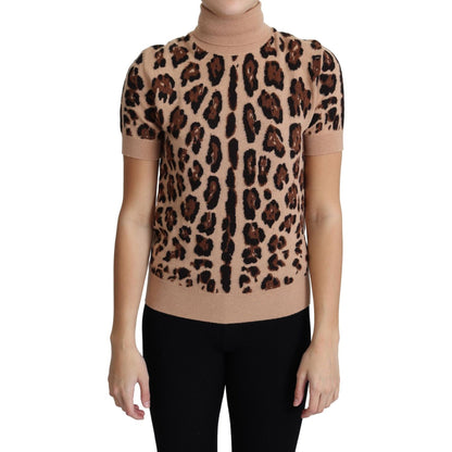 Dolce & Gabbana Beige Leopard Print Virgin Wool Turtleneck Top Dolce & Gabbana