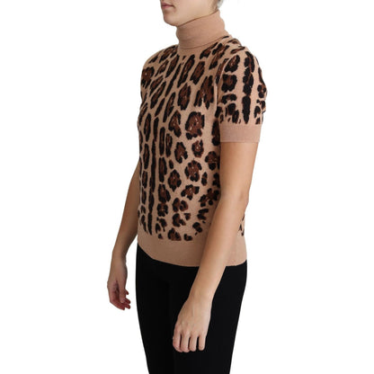 Dolce & Gabbana Beige Leopard Print Virgin Wool Turtleneck Top Dolce & Gabbana