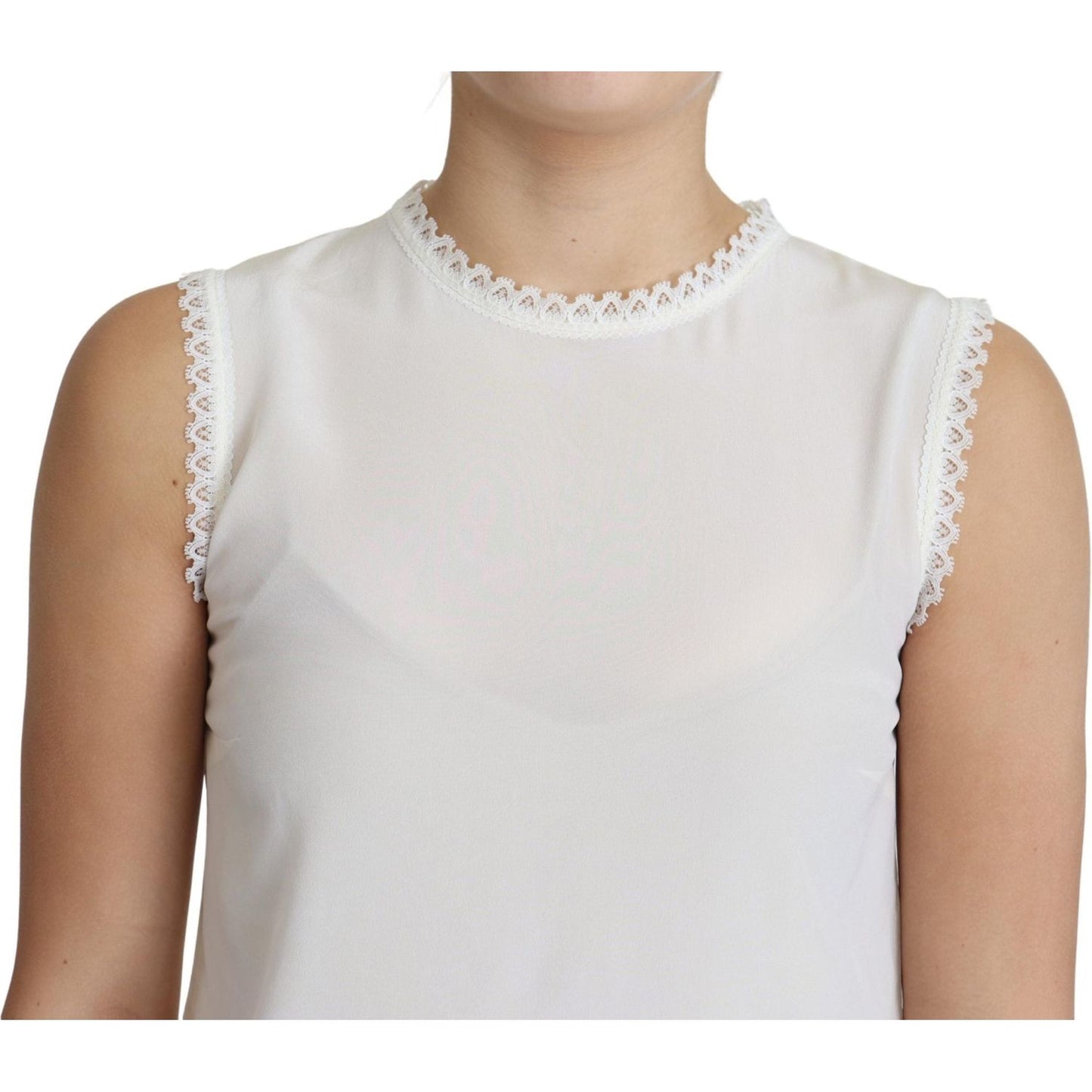 Dolce & Gabbana White Blouse Silk Lace Trimmed Sleeveless Top Dolce & Gabbana