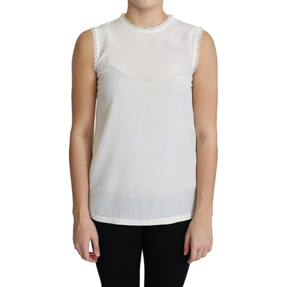 Dolce & Gabbana White Blouse Silk Lace Trimmed Sleeveless Top Dolce & Gabbana