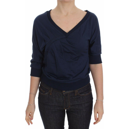 Exte Blue Cotton Top Pullover Deep V-neck Women Sweater Exte