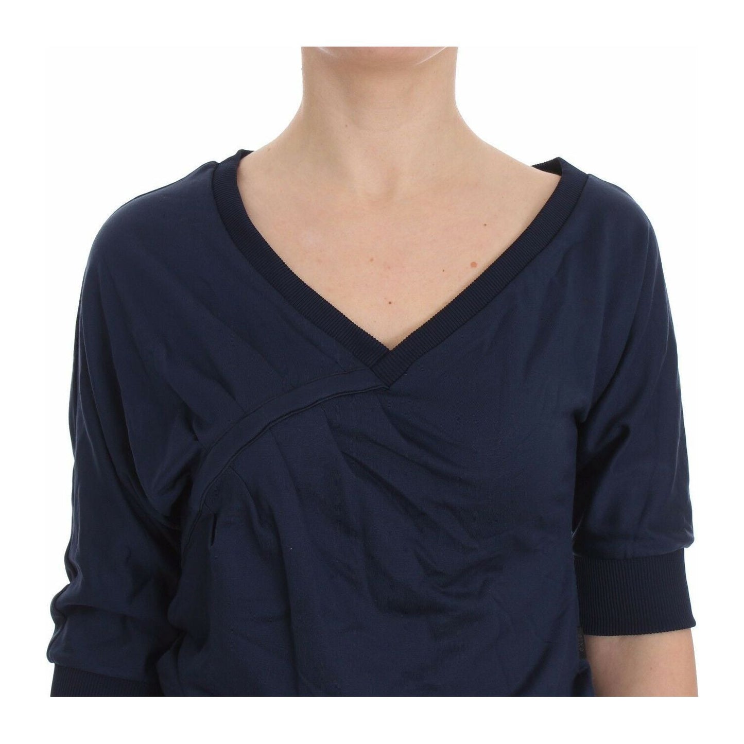 Exte Blue Cotton Top Pullover Deep V-neck Women Sweater