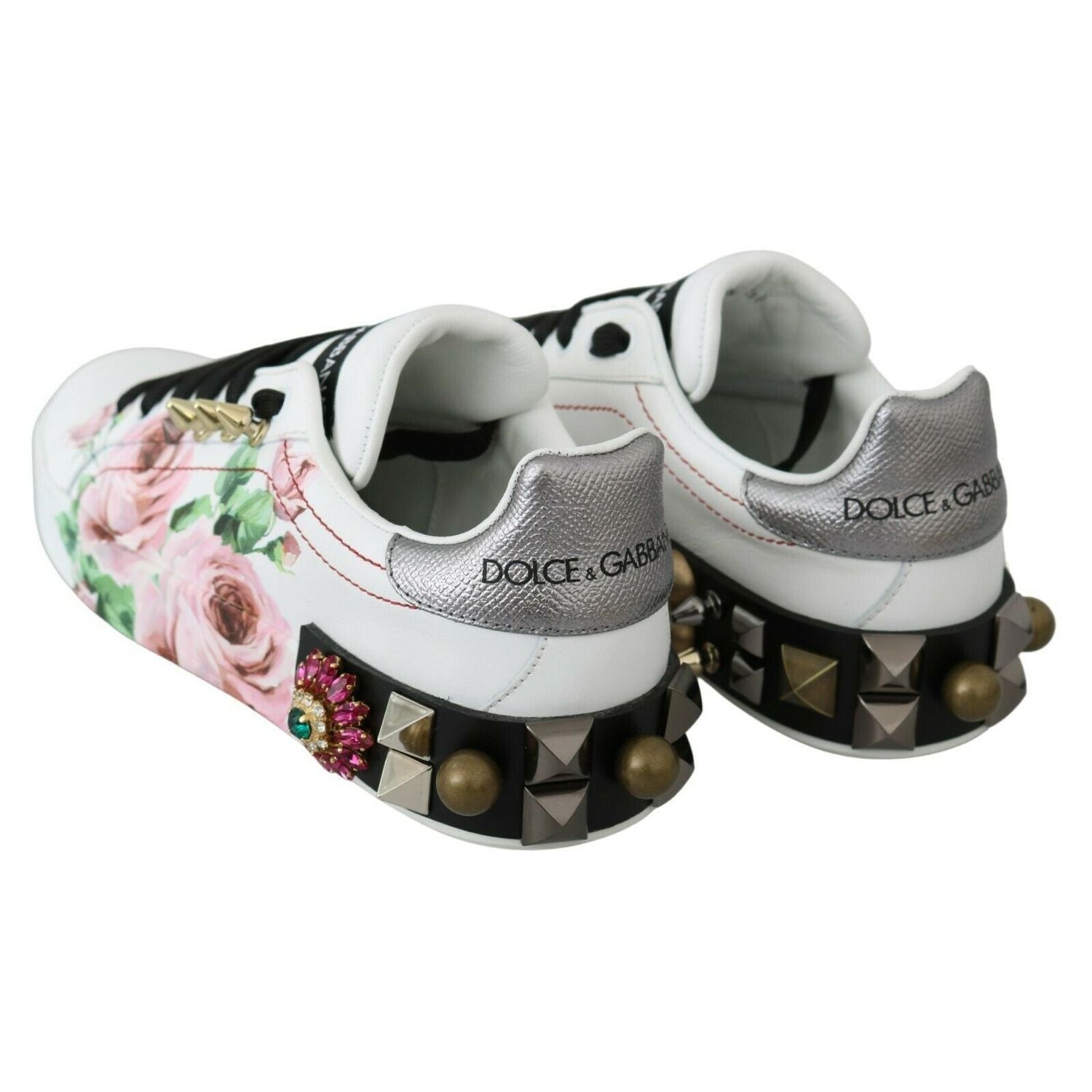 Dolce & Gabbana White Leather Crystal Roses Floral Sneakers Shoes