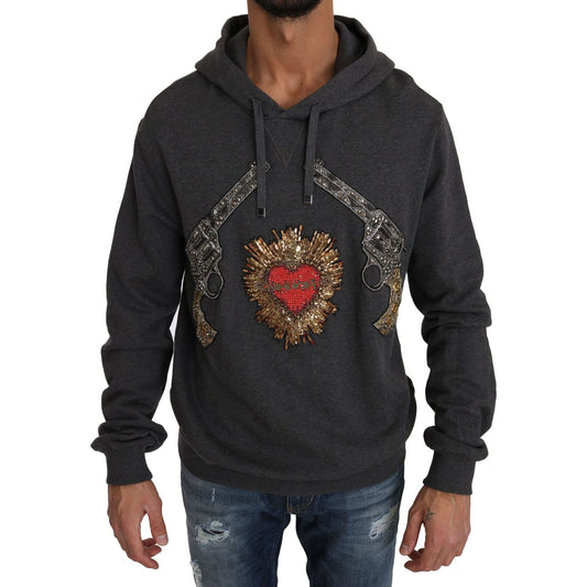 Dolce & Gabbana Gray Hooded Red Crystal Heart Gun Sweater Dolce & Gabbana