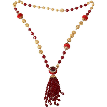 Dolce & Gabbana Gold Tone Brass Red Crystals Pendant Opera Chain Necklace Dolce & Gabbana