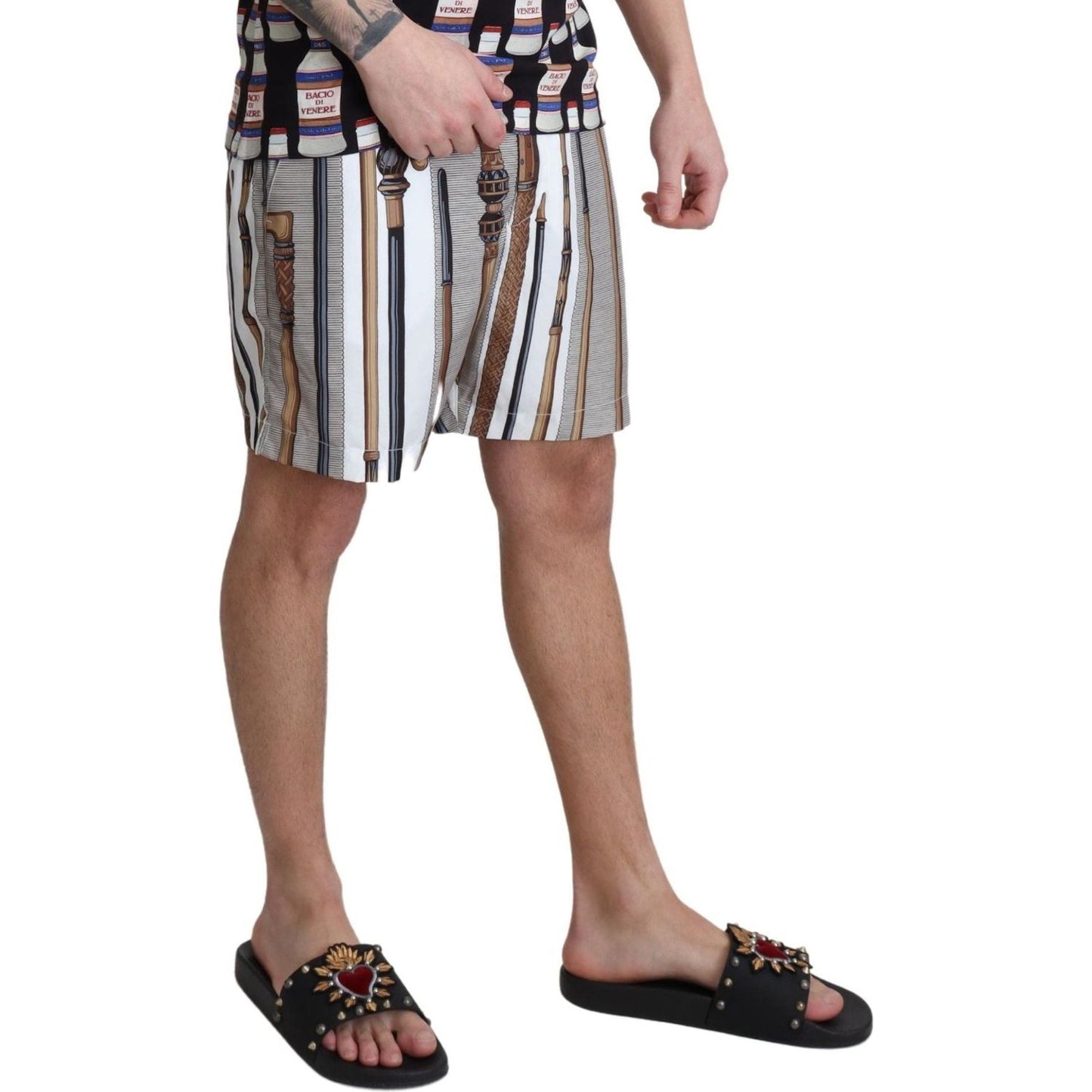 Dolce & Gabbana White Walking Stick Beachwear Shorts Swimshorts Dolce & Gabbana
