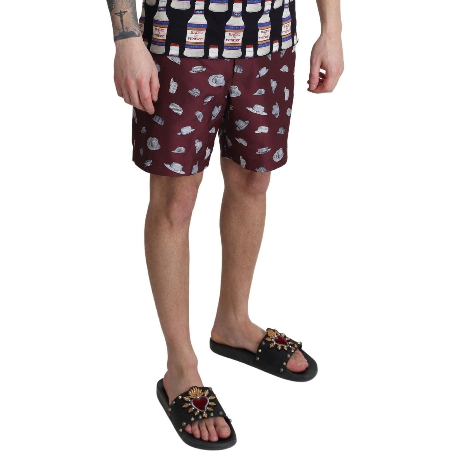 Dolce & Gabbana Maroon Hats Print Beachwear Shorts Swimwear Dolce & Gabbana