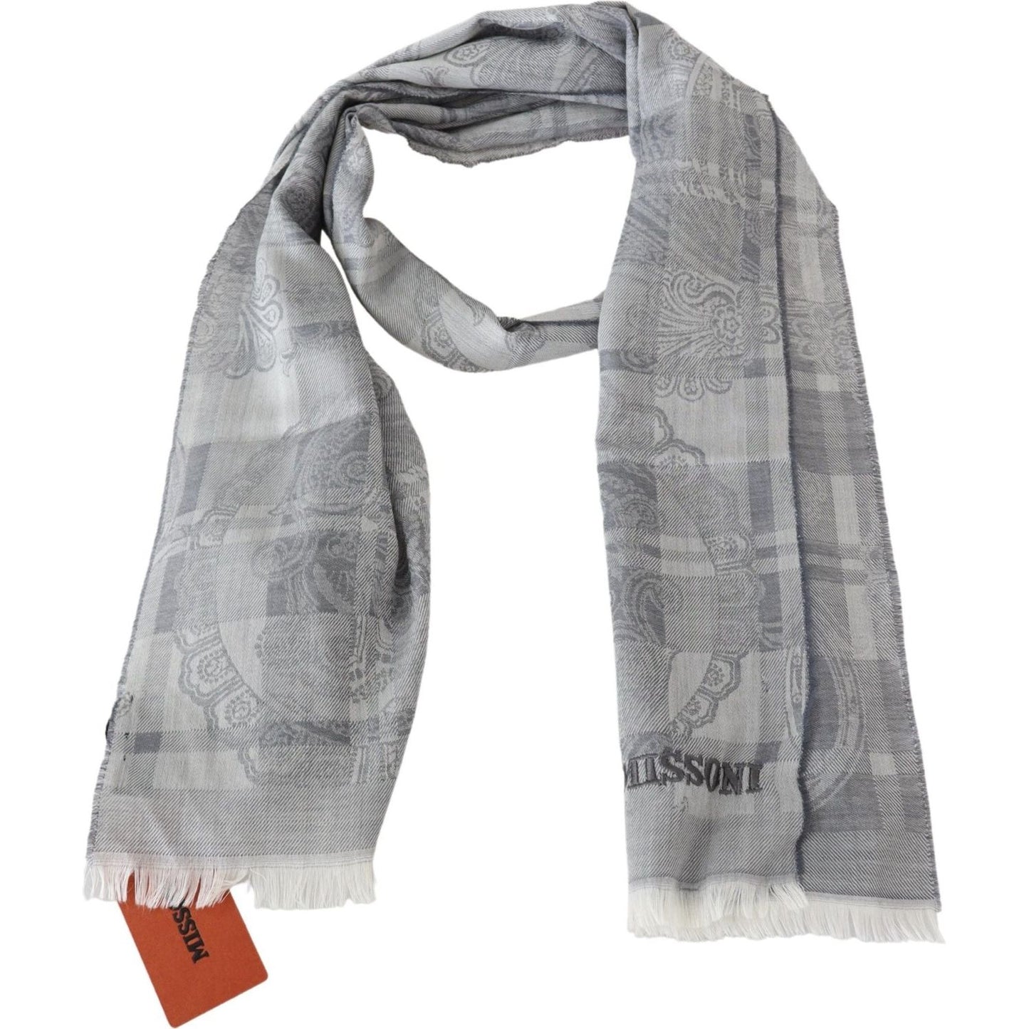 Chic Unisex Gray Wool Scarf with Logo Embroidery