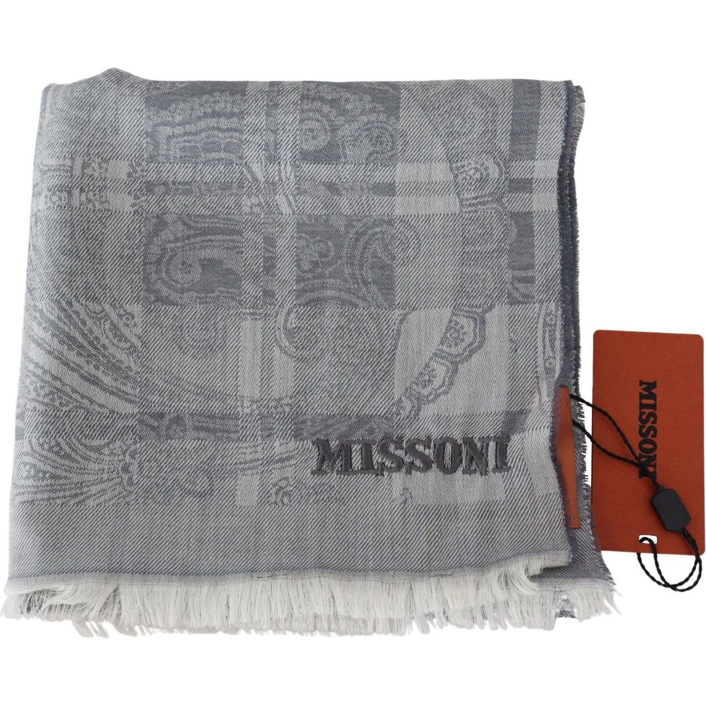 Chic Unisex Gray Wool Scarf with Logo Embroidery