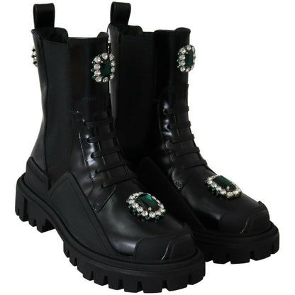 Dolce & Gabbana Black Leather Crystal Combat Boots Dolce & Gabbana