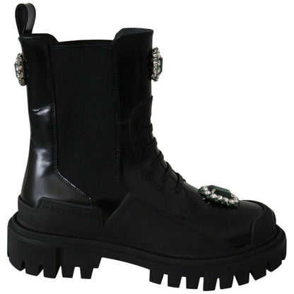Dolce & Gabbana Black Leather Crystal Combat Boots Dolce & Gabbana