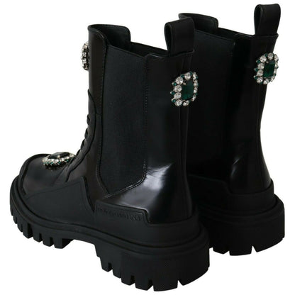 Dolce & Gabbana Black Leather Crystal Combat Boots Dolce & Gabbana