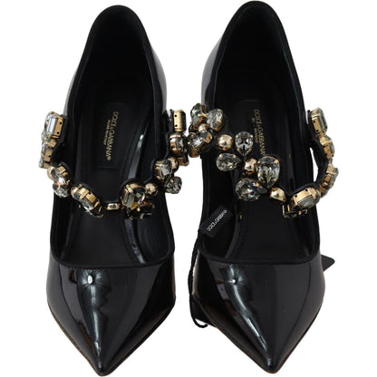 Dolce & Gabbana Black Leather Crystal Shoes Mary Jane Pumps