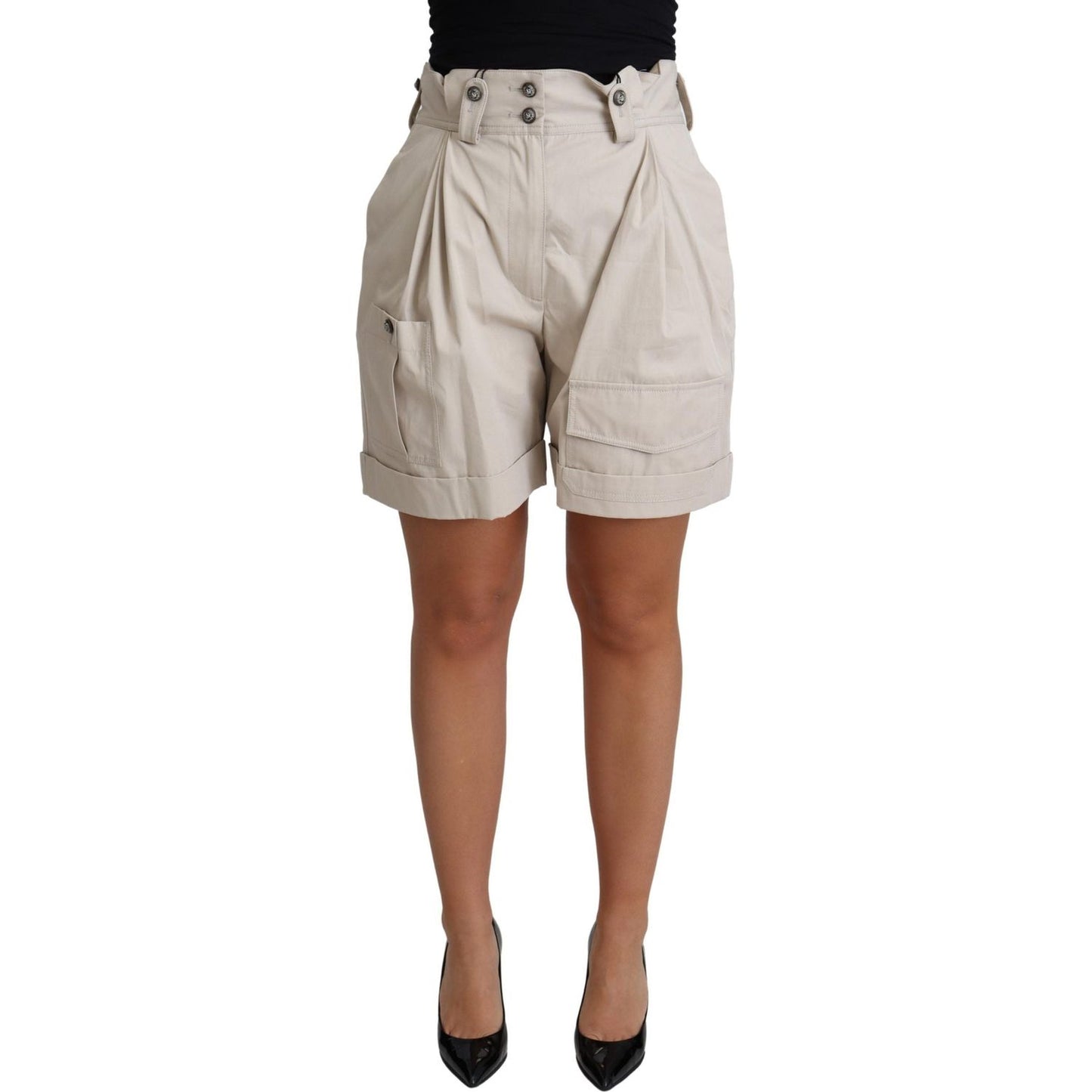 Dolce & Gabbana Beige Cotton Pleated High Waist Casual Shorts Dolce & Gabbana